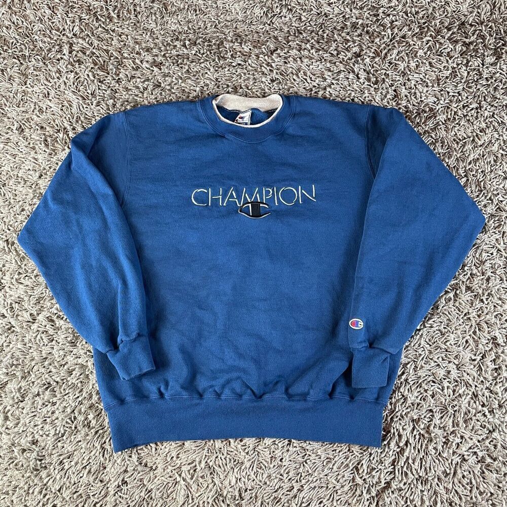 Vintage 90s Champion Sweater Mens Extra Large XL Blue Spell Out Embroidered Logo